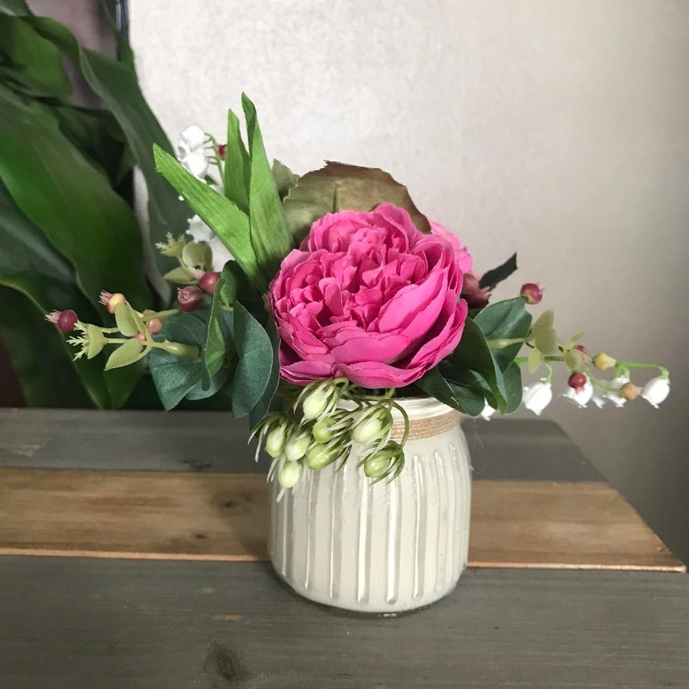 Handmade Pretty Pink Floral Arrangement with Greenery and Lily of the Valley